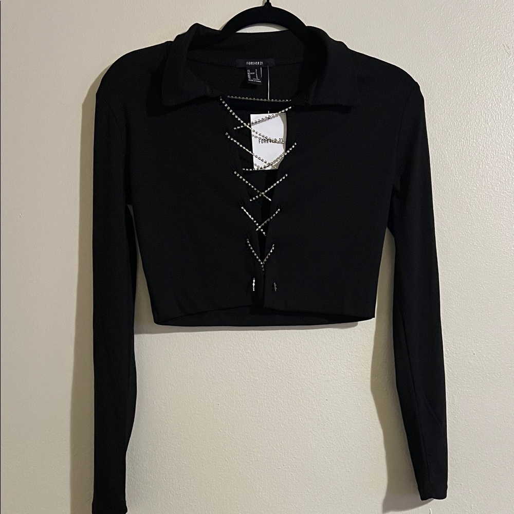 Forever 21 Black Rhinestones Lace-Up Crop Top